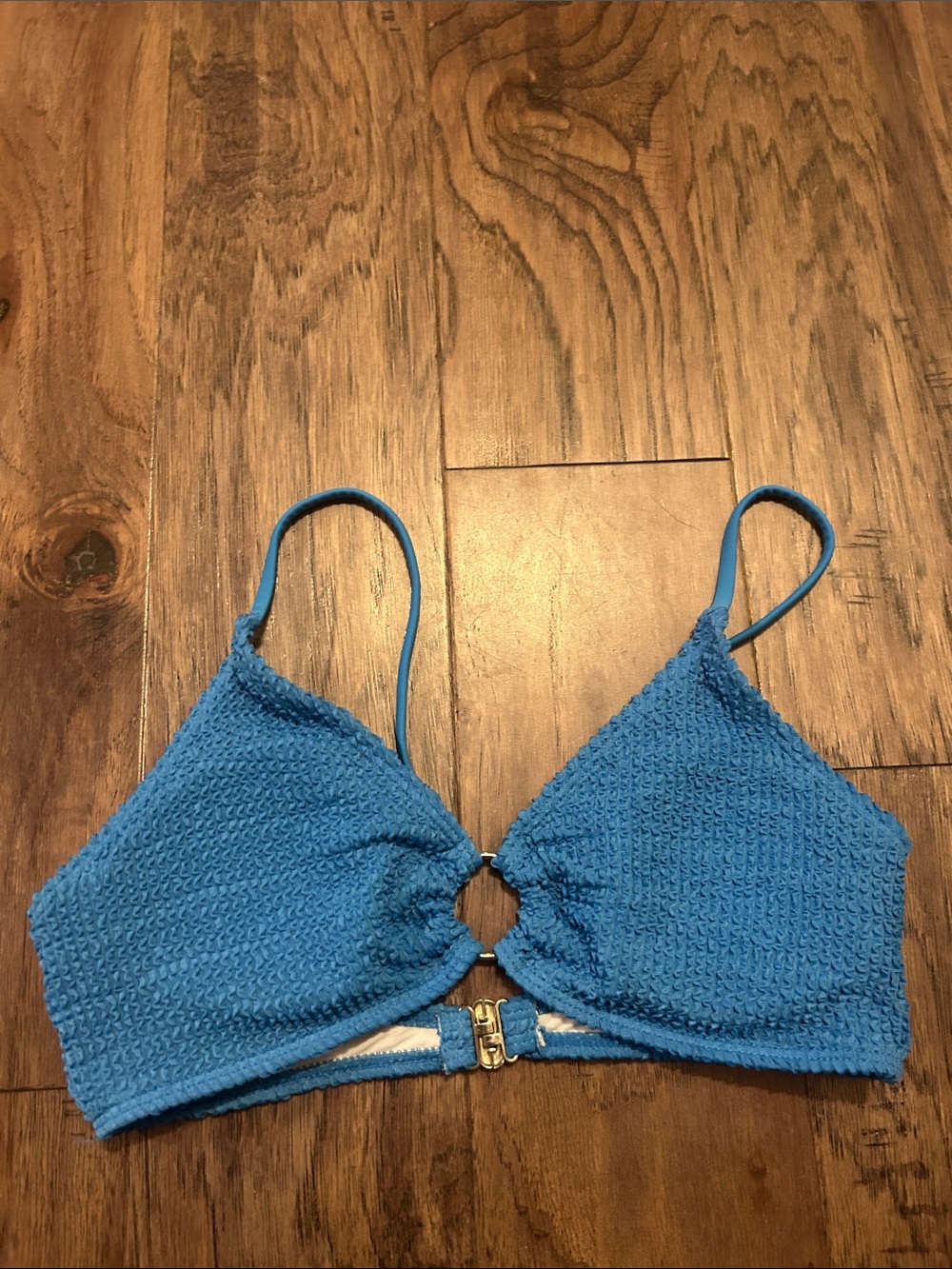 Textured Blue Triangle Bikini Top with Front Ring